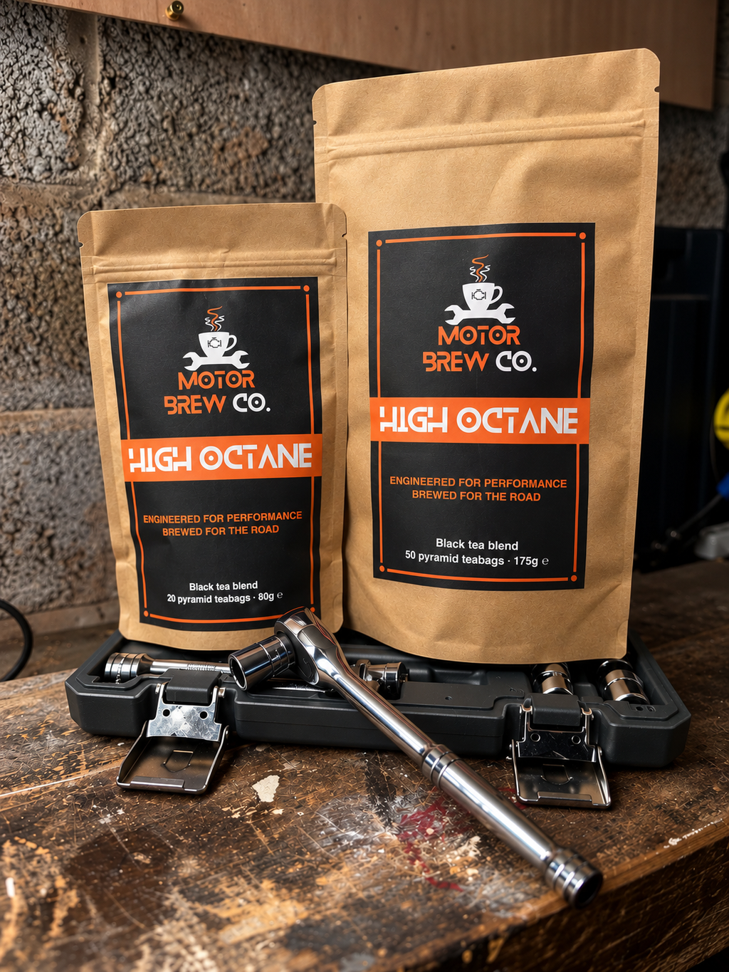 High Octane 20 and 50 teabag pouches on a workshop bench